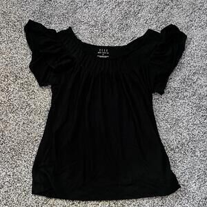 ELLE Black Flutter Sleeve Top Pima Cotton Modal Scoop Neck Blouse M Soft Knit